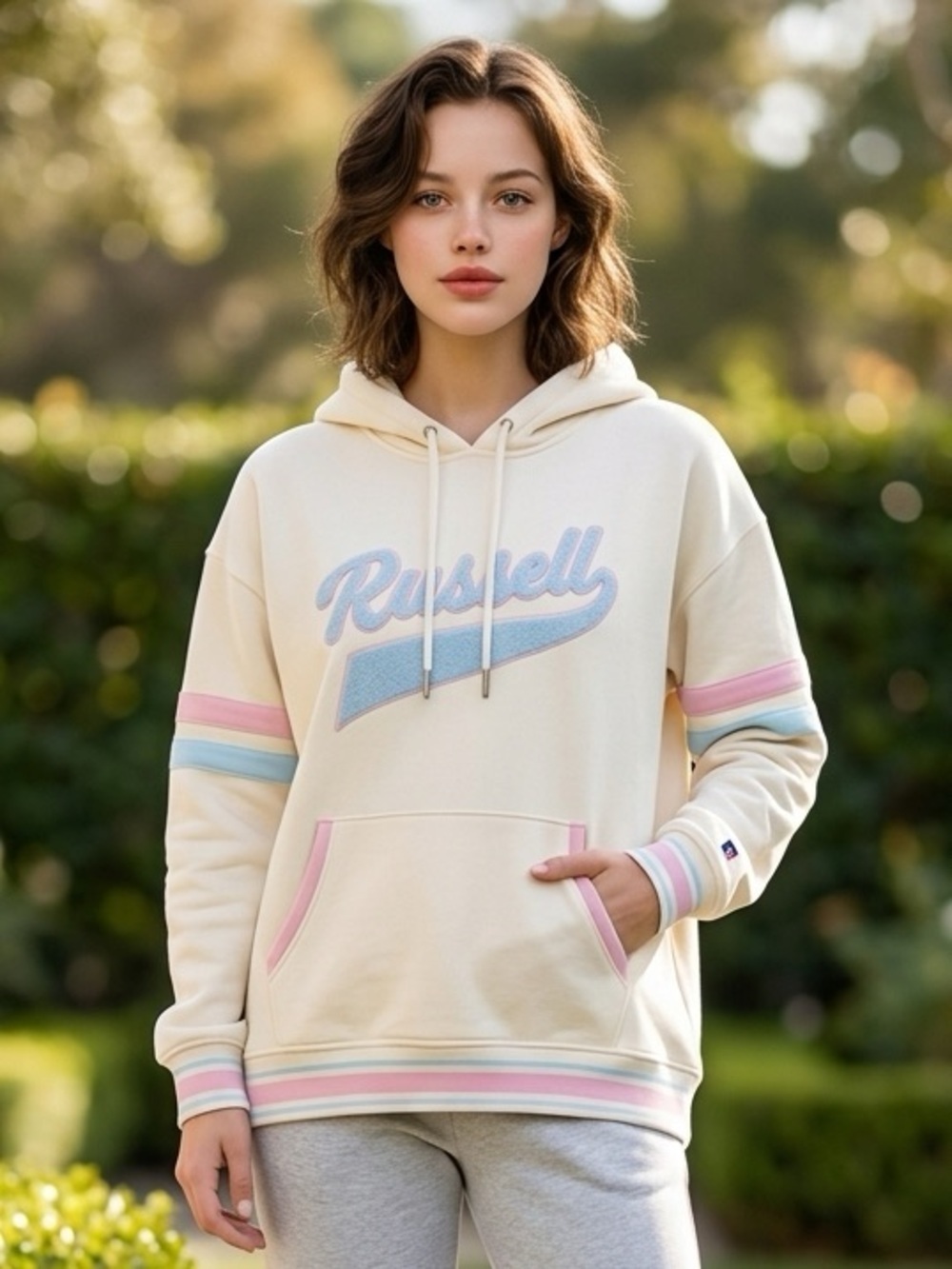 NWT Russell Athletic Women’s Graphic Logo Sweatshirt Hoodie Cream/Blue - Size S